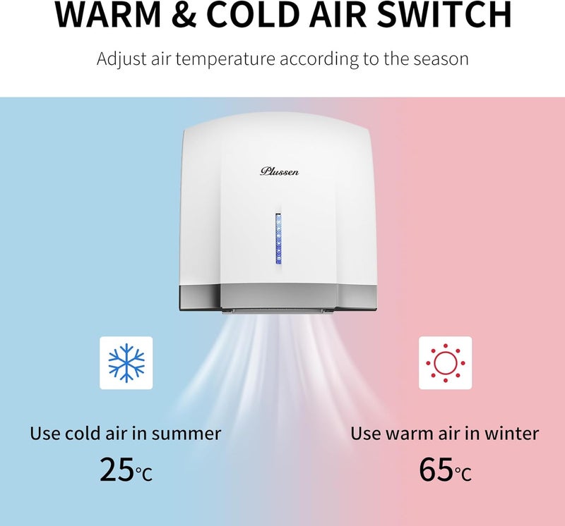 PLUSSEN Hand Dryer 110V Compact Commercial Hand Dryer Automatic Electric Air Dryers with Warm n Cold Air Switch for Home or Commercial Bathrooms, 3Pin Plug in Version - Image 3